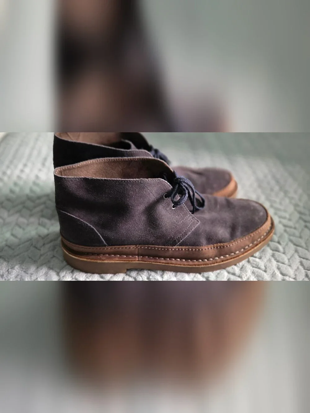 Clarks Navy Suede Chukka Boots with Brown Trim